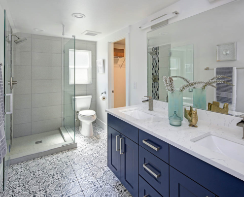 Newton MA Modern bathroom interior with blue double vanity